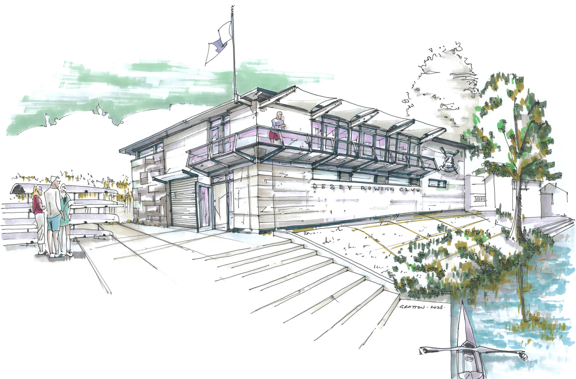 Hand rendered feasibility sketch for client of New Rowing Club project